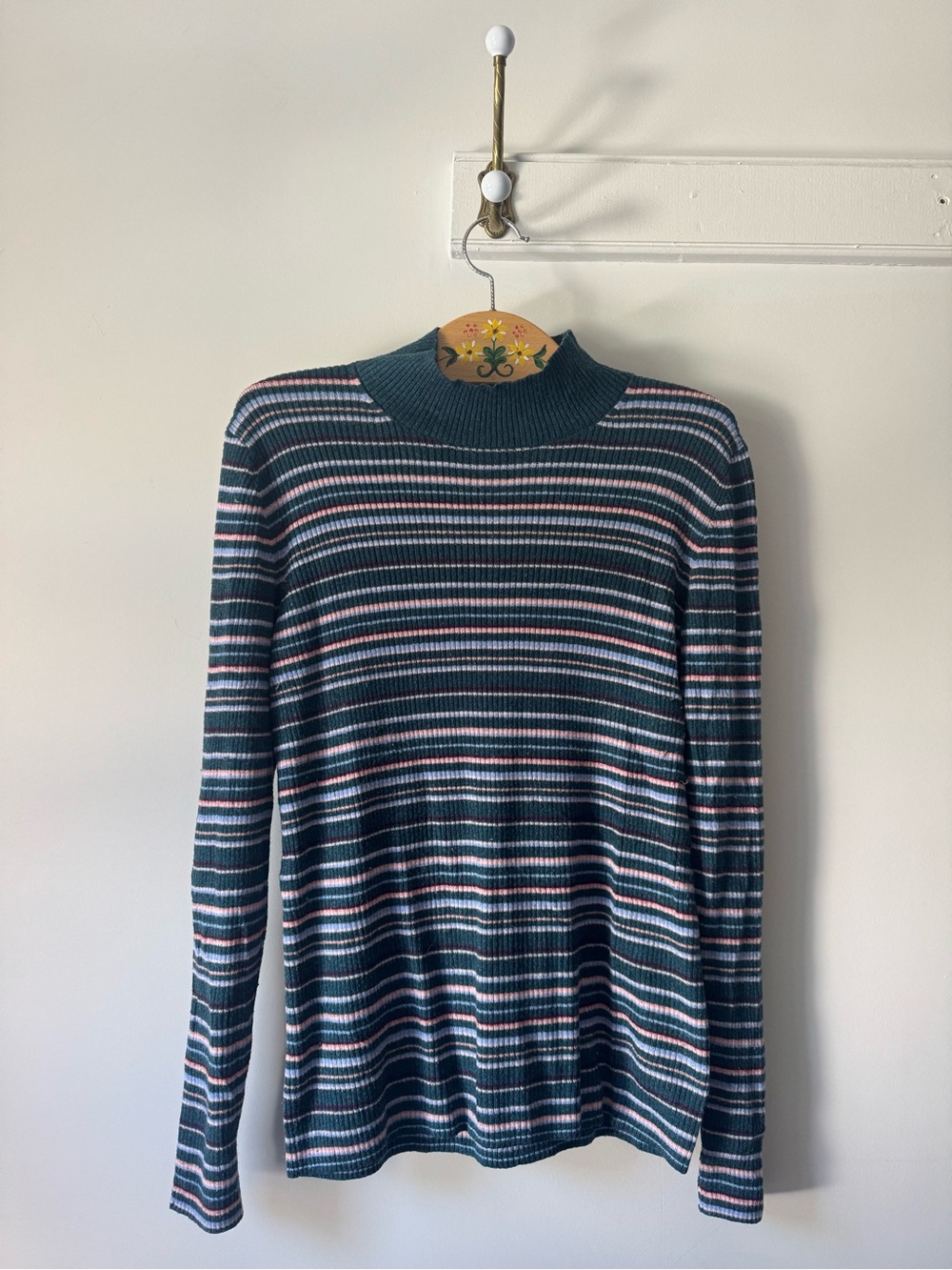 Vintage GAP Merino Wool Blend - Striped Mock Neck Sweater in Teal and Pink